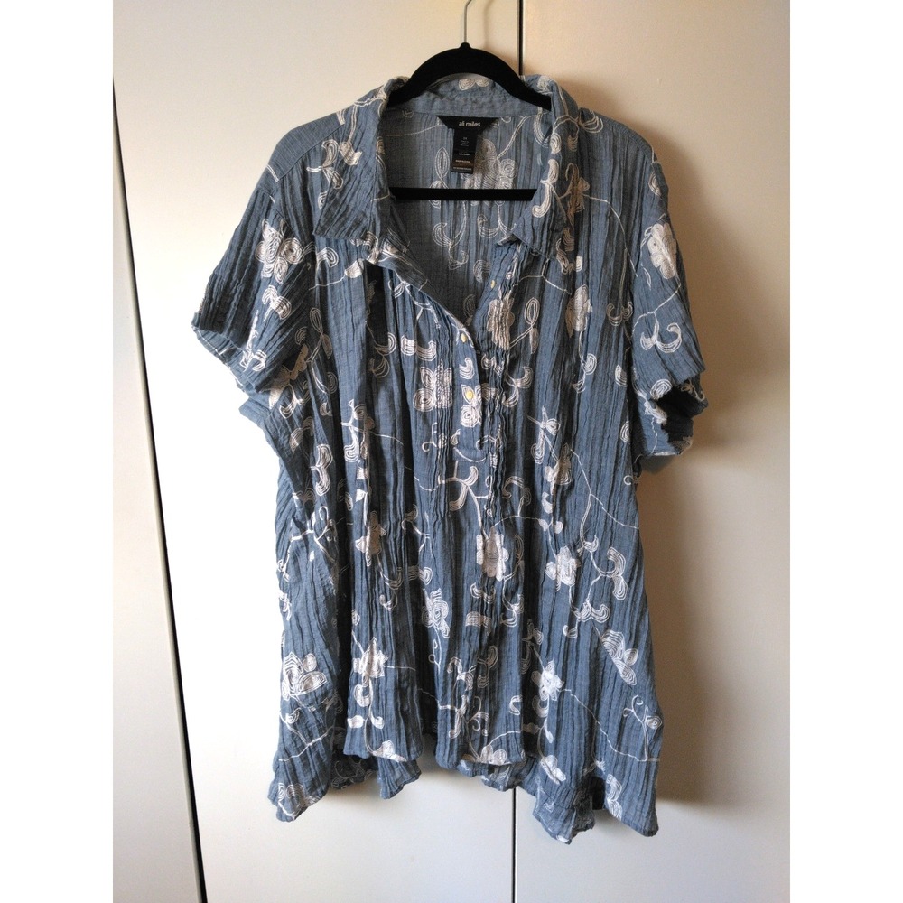Ali Miles Embroidered Floral Tunic Shirt Size 3x Crinkle Pleated Elegant Cottage